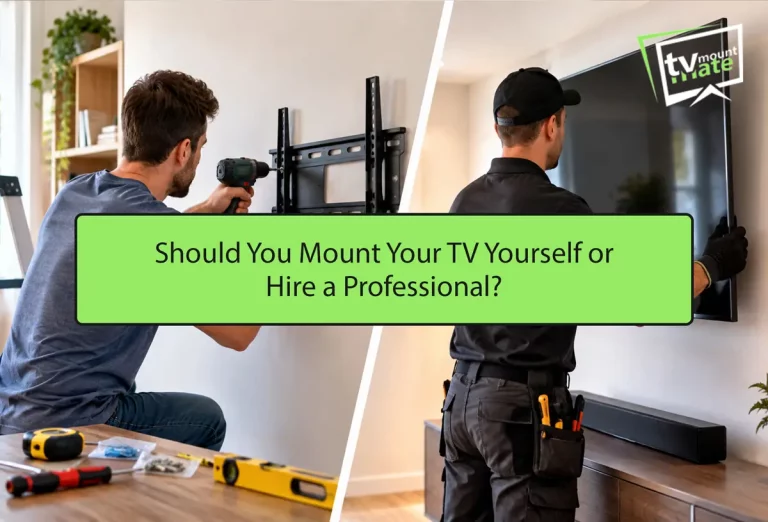 DIY homeowner installing a TV wall bracket while a professional TV installer securely mounts a television on a living room wall in London.