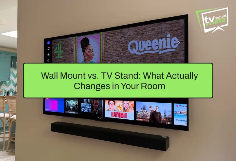 Wall mounted TV with soundbar showing a cleaner living room layout compared with a TV stand