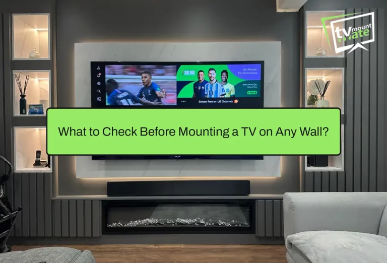 Illustration for a guide explaining what to check before mounting a TV, including wall type, bracket compatibility, cables and viewing position.