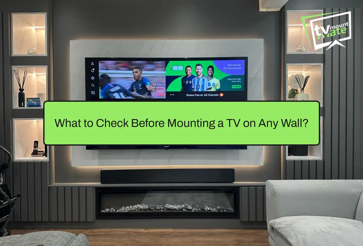 Illustration for a guide explaining what to check before mounting a TV, including wall type, bracket compatibility, cables and viewing position.