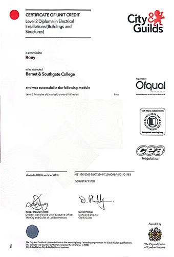 City & Guilds electrical installation qualification certificate earned by TV Mount Mate founder Rony.