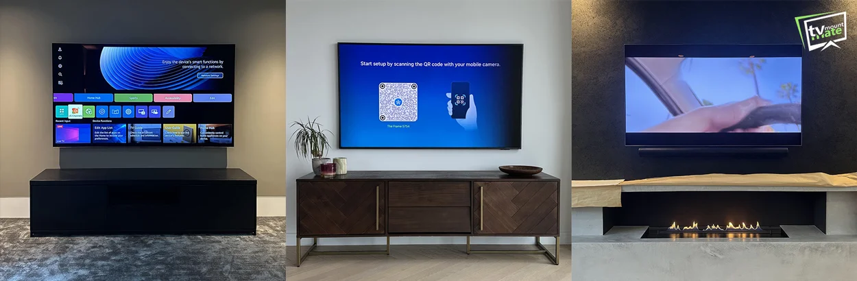 Flush TV wall mounting examples including LG G5, Samsung Frame TV and LG G5 above a fireplace