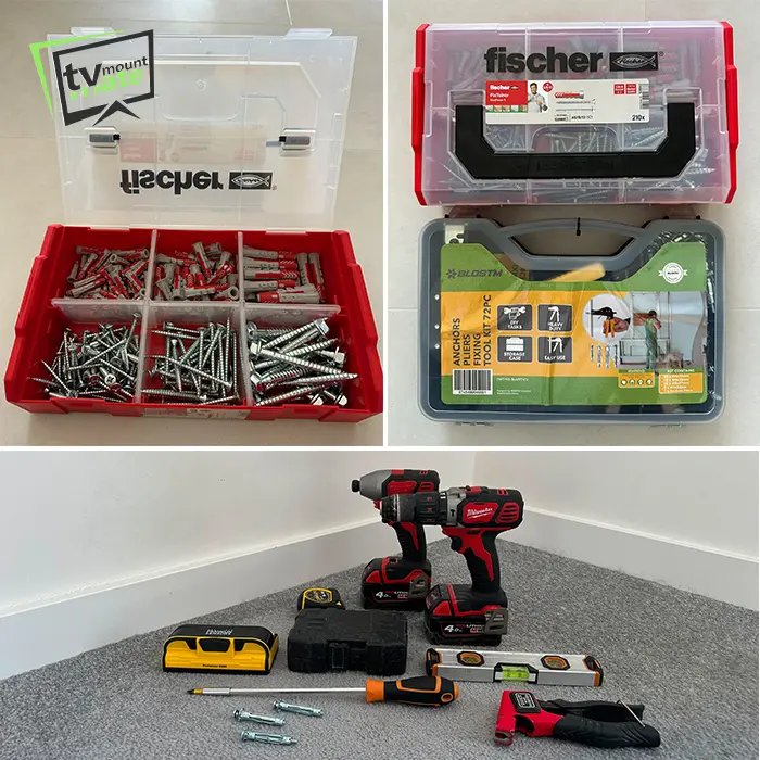 Professional plasterboard TV mounting fixings and tools used to safely secure TVs on plasterboard walls