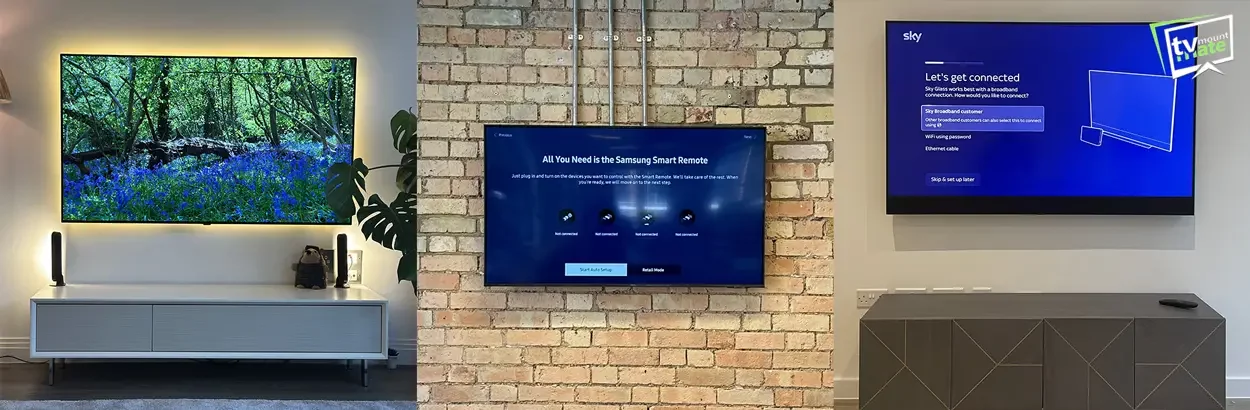 TV wall mounting service showing real installations on different wall types