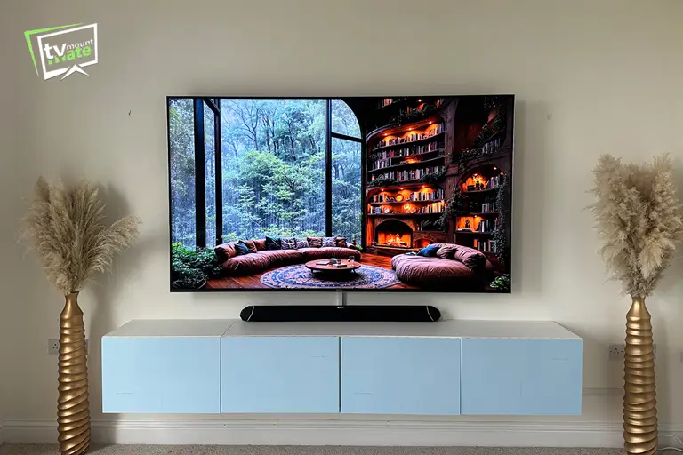 Wall mounted TV with soundbar and tidy cable setup