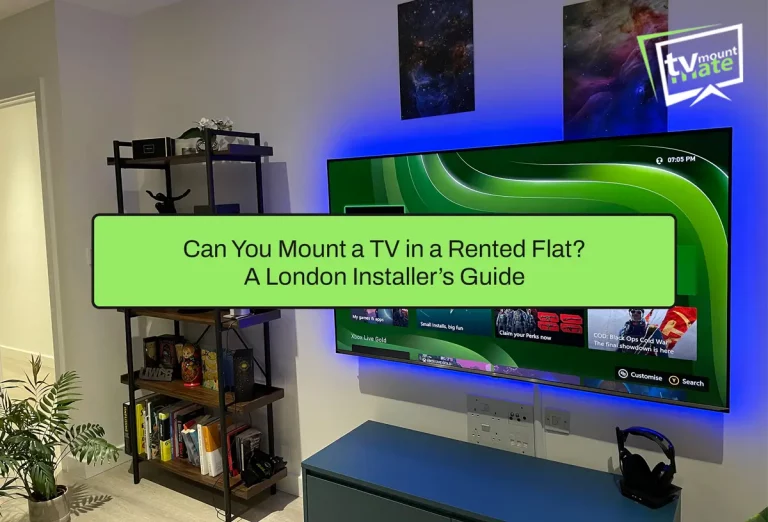 65-inch Hisense TV mounted on a plasterboard wall above a media unit