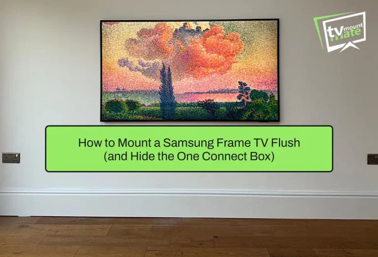 Samsung Frame TV mounted flush against a wall with One Connect Box cable below