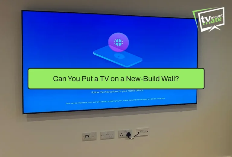 83-inch Samsung TV mounted on a new-build dot-and-dab plasterboard wall in a Canary Wharf apartment by TV Mount Mate London.