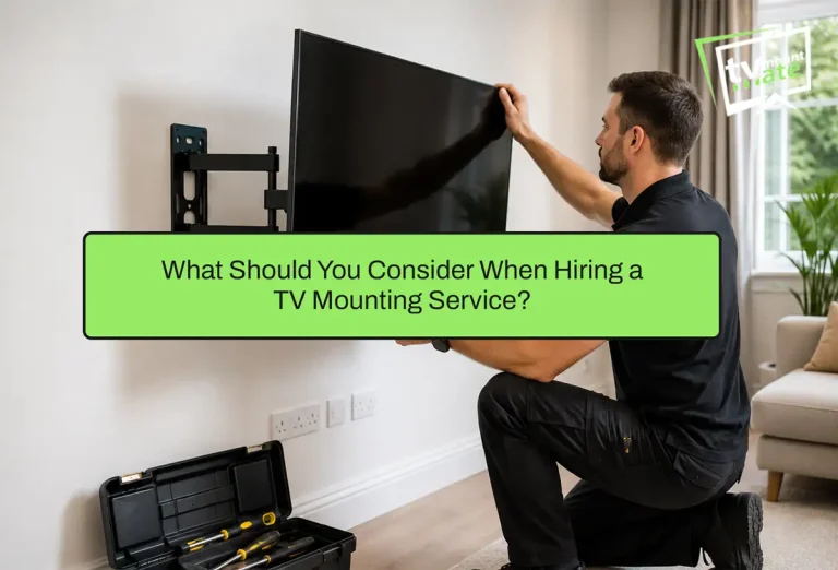 Professional TV wall mounting service in London with a TV installer mounting a television on a living room wall.